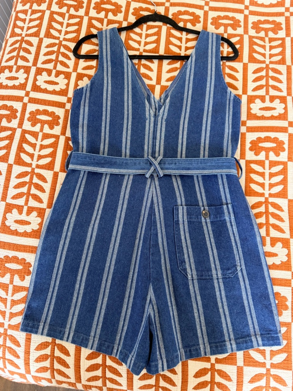 FRNCH Blue Striped Denim Romper with Self-Tie Belt - Picture 2 of 8